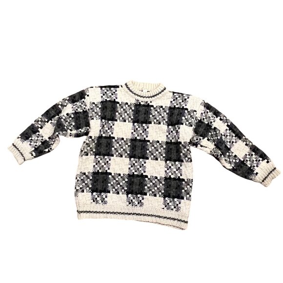 Vintage 90's Wool Chunky Pullover Plaid Sweater, Hand Knit, Cream Gray, XL - Picture 8 of 9